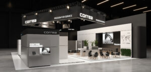 render stand blanco y negro con letras iluminadas