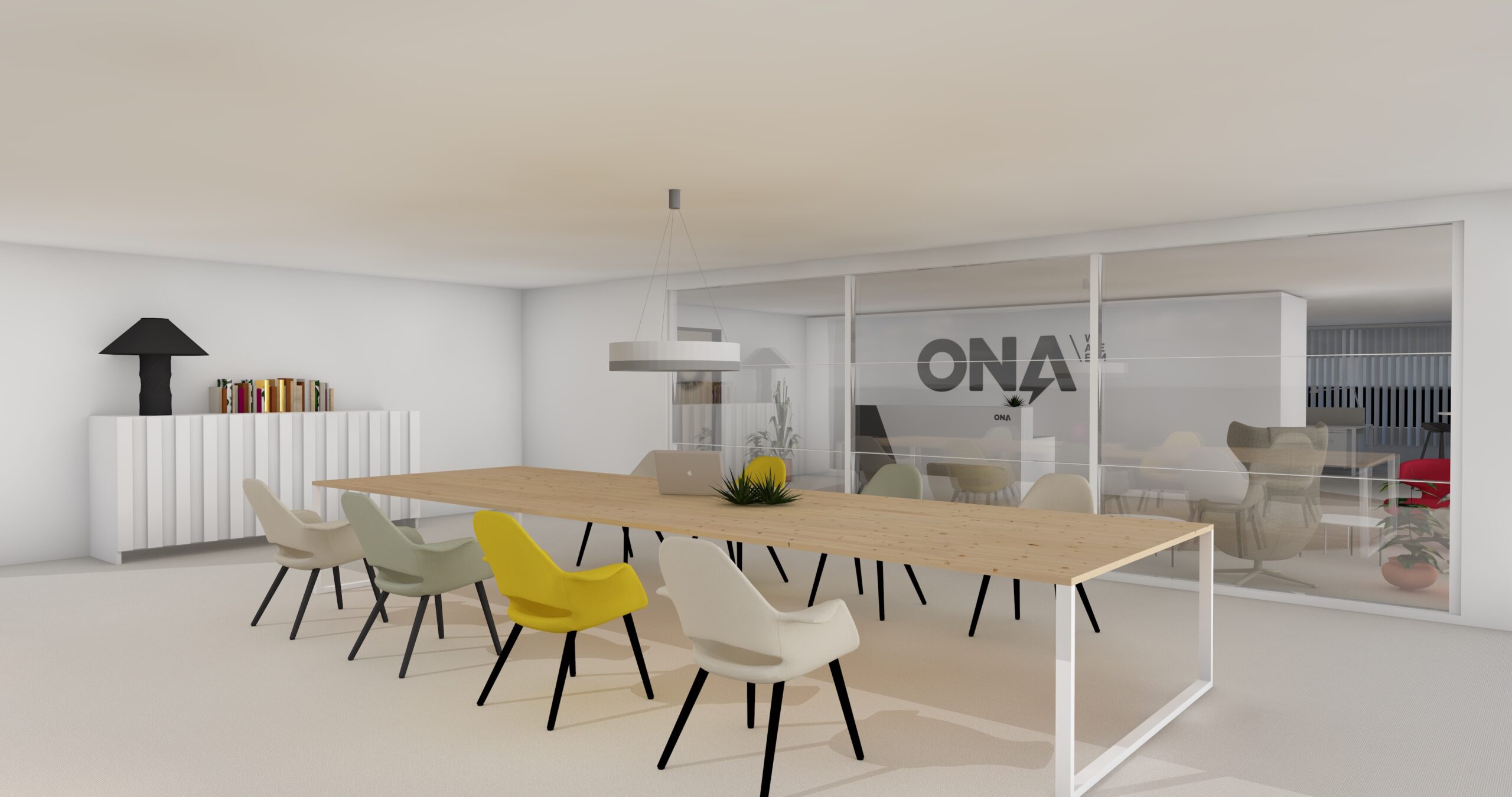 sala con mesa larga y sillas amarillas y grises