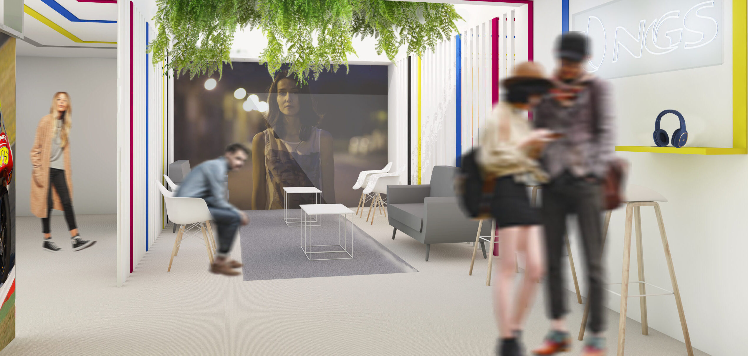 render sala con paredes de Linas blanca roja azul y amarillo plantas colgantes
